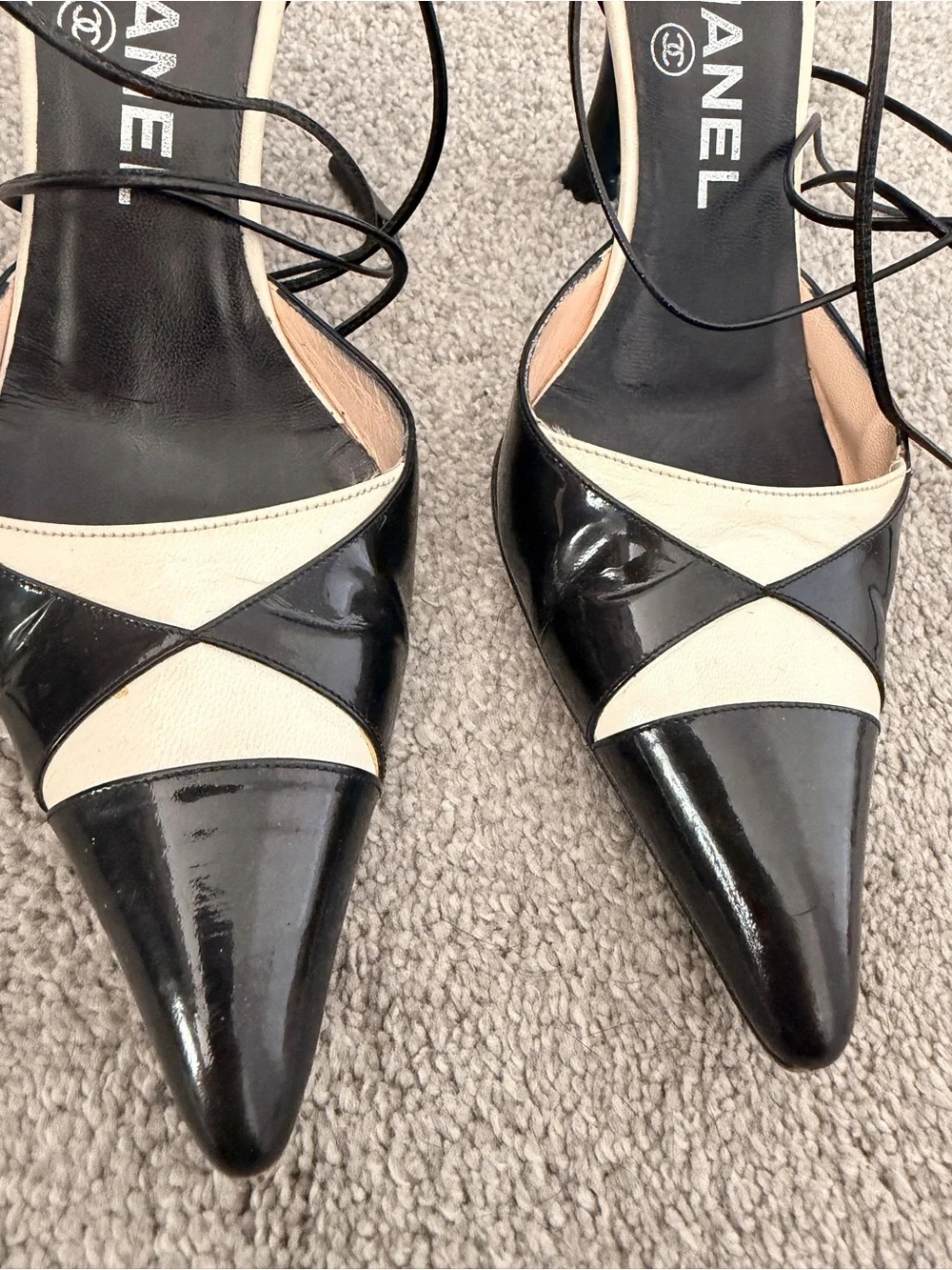 Vintage CHANEL Black and White Pointed Lace-Up Pumps
